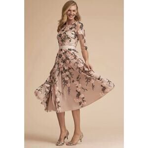 BHLDN Linden Dress Womens 10 Blush Pink Floral Embroidered Midi Formal Wedding
